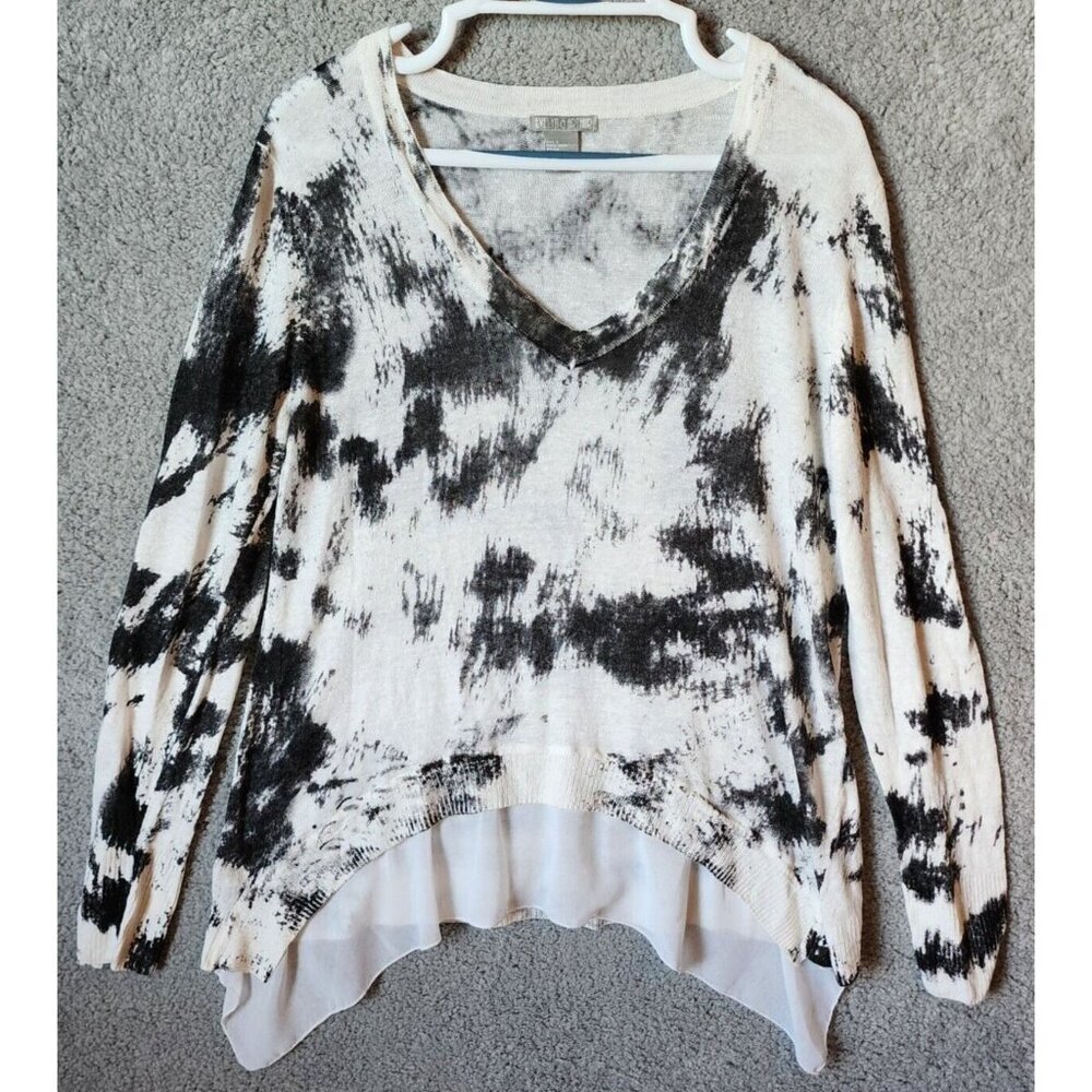 Evelyn & Arthur Women's Long Sleeve V Neck Sweater Top‎ Black/White Linen Size L